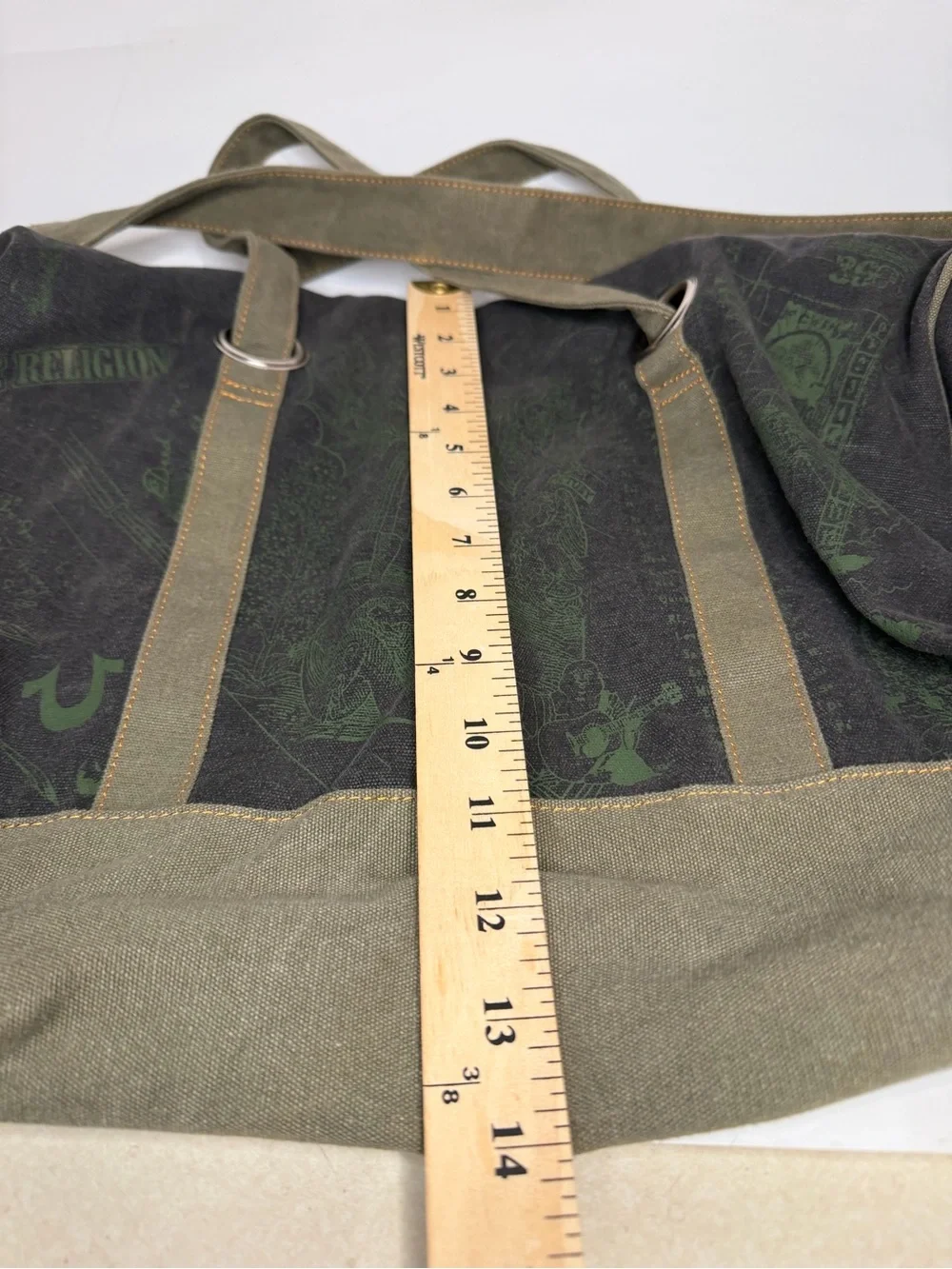Vtg True Religion Mens TR Canvas Duffle Bag Tan OD Green 20x18x10 like new